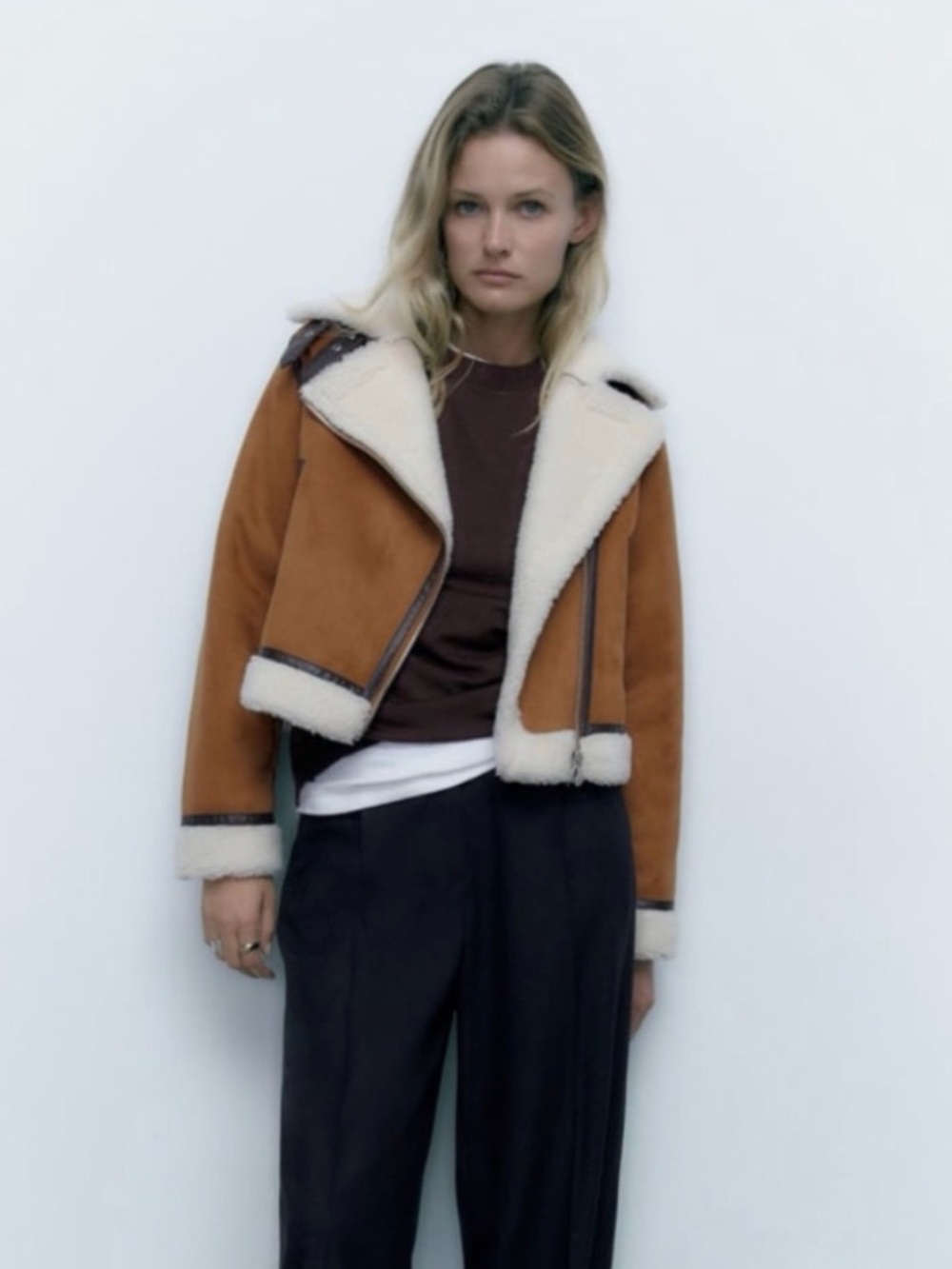Zara Tan Shearling-Lined Aviator Jacket
